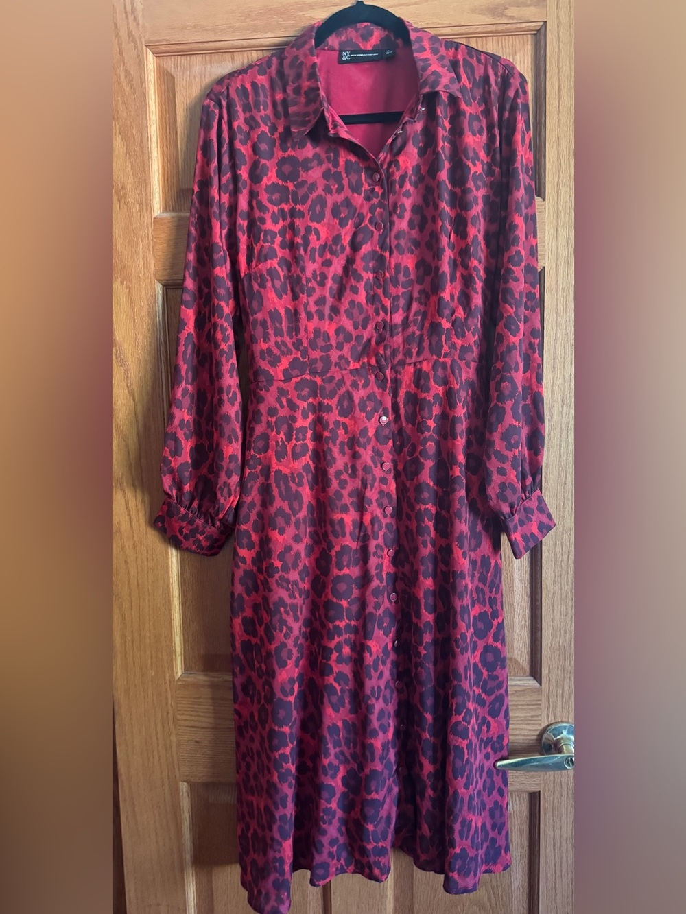 New York & Company Red and Black Leopard-Print Long Sleeve Midi Dress